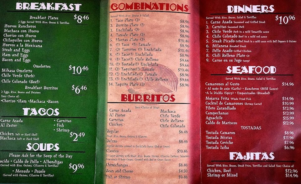 Food menu featuring traditional Mexican plates.